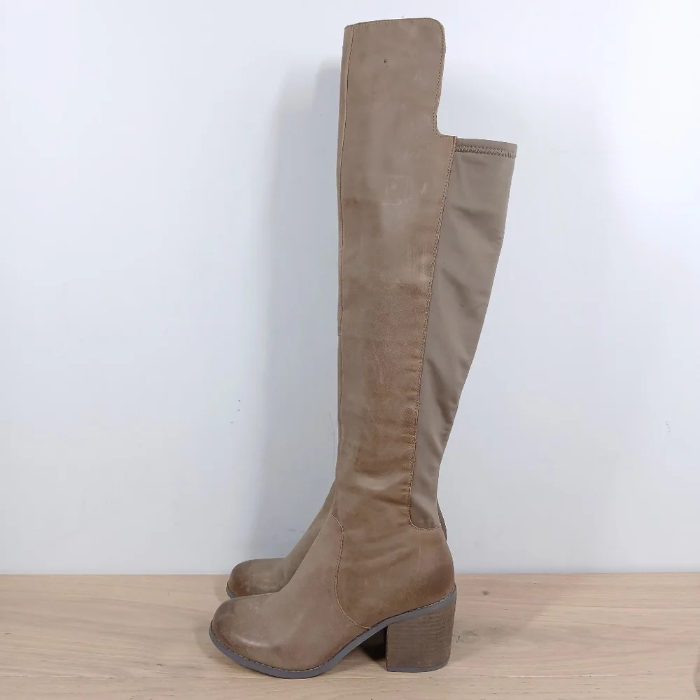 Joyfolie Grayson Tan Brown Leather Over the Knee Stretch Block Heel Boots 1579